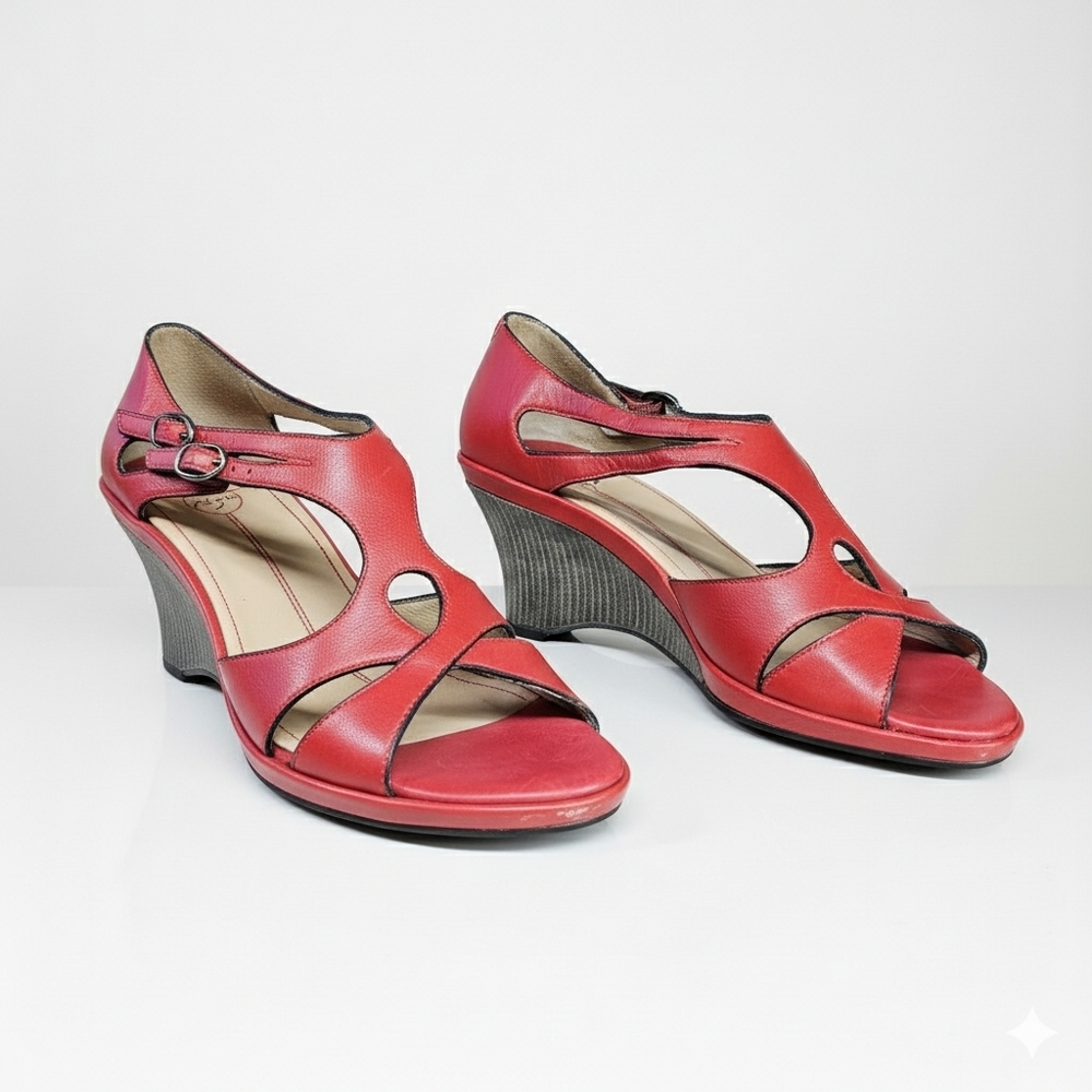 Oh! Healthy Heels Size 7.5 Shoes Red Leather Sandals Wood Wedge Double Buckles